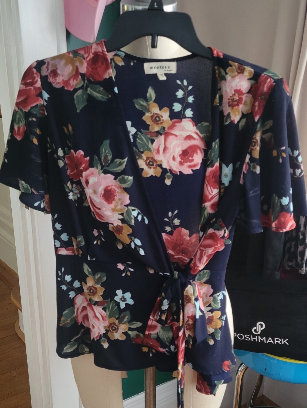 MONTEAU Wrap Floral Navy Blue Side Tie Blouse Top Size Large